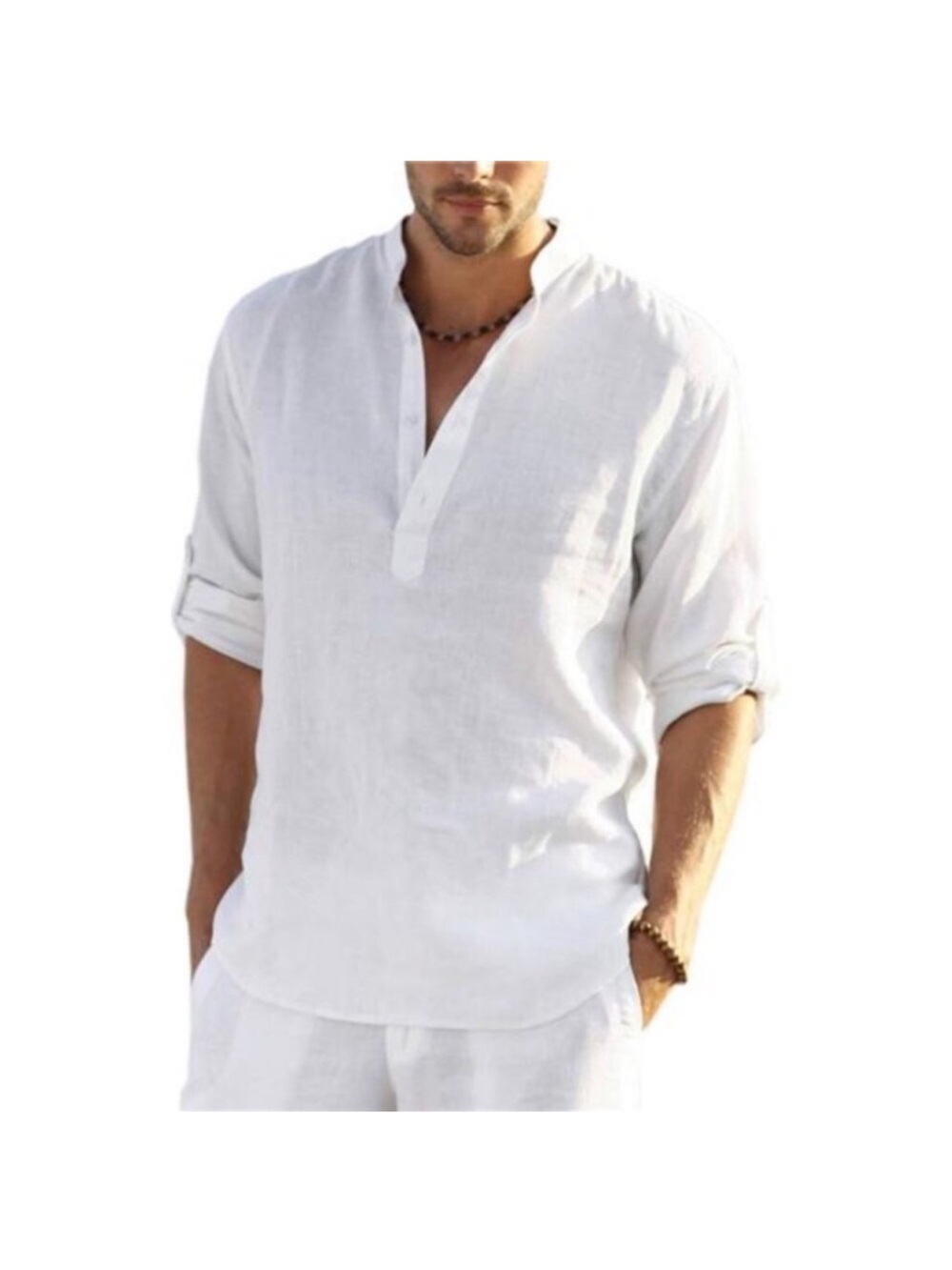 Men's White Cotton Linen Henley T-Shirts Long Sleeve Hippie Casual Beach
